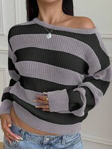 SHEIN Tween Girl Casual Striped Colorblock Off-Shoulder Loose Batwing Long Sleeve Sweater, Autumn/Winter