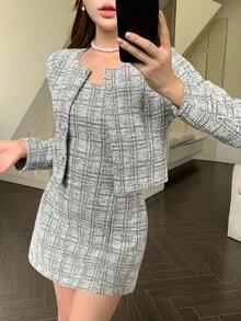 DAZY 女士优雅两件套：夹克和连衣裙，秋季 - 灰色 - 查看 3