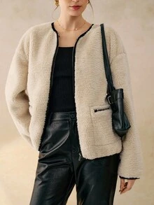 Cévolie 女士秋冬新款百搭圆领宽松羊羔绒抓绒复合皮草外套 - 杏色 - 查看 1