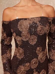 Lumalex 秋季新款女装冬季简约复古闪亮假日派对魅力优雅锐舞节郊游度假热门户外丰富层次婚礼季宴会成人礼亮片串珠装饰露肩露背泡泡袖紧身迷你连衣裙女式棕色露肩连衣裙棕色亮片连衣裙3D花卉连衣裙玫瑰连衣裙鸡尾酒会礼服奢华舞会证件照宰牲节派对新年 - 咖啡棕 - 查看 4