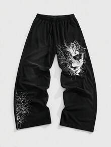 ROMWE MEN Goth Men's Dark Face & Spider Web Print Sweatpants Halloween - Black - View 1