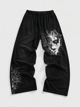 Goth بنطلون رياضي للرجال مطبوع بوجه داكن وشبكة عنكبوت
