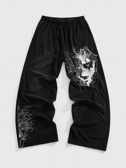 Goth Men's Dark Face & Spider Web Print Sweatpants Halloween