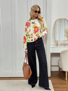 SHEIN LUNE 休闲花卉印花落肩宽松针织毛衣，秋冬 - 米色 - 查看 3