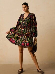 Travachic Đầm ngắn tay phồng cổ chữ V in họa tiết màu xanh navy cỡ lớn, thắt eo khoét lưng khoét nơ, phù hợp cho kỳ nghỉ, tiệc tùng, đi chơi - Màu xanh hải quân - Xem 7