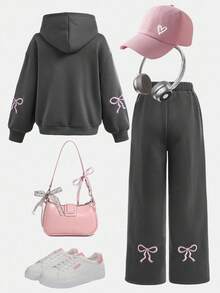 SHEIN 2pcs/Set Tween Girls Casual Hoodie Sweatsuit,Pink Bow Print,Autumn Back-To-School Tracksuit,Children's Sweatpants Set For School Daily Wear & Sports - Dark Grey - View 6