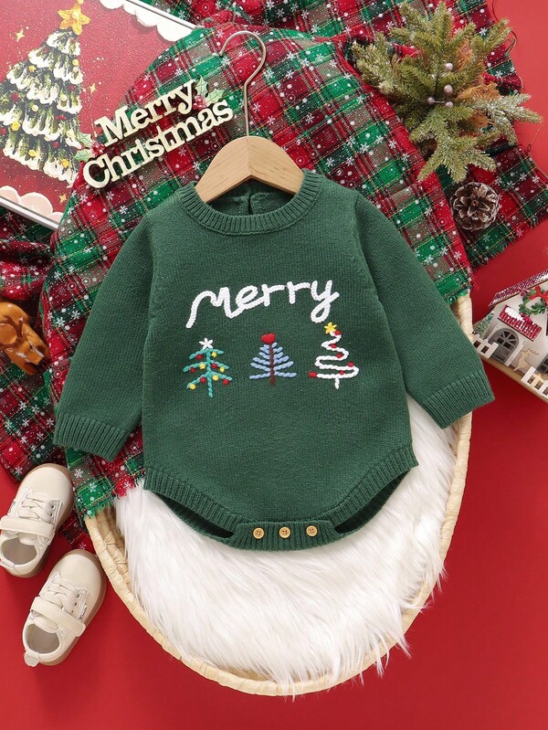 SHEIN Christmas Theme Green Infant Romper | Christmas Tree + Embroidered Letter Triangle Crotch Crawler, Holiday Vibe Christmas Sweater Baby Baby Christmas Outfit Christmas Sweater For Baby Christmas Baby Clothes Green Baby Clothes Sweaters Green For Boys Baby Dark Green Outfit For 1 Year Old Boy Christmas Sweater For Baby Boy Sweater Baby Solid Color Knitted Sweater Knit Sweater Toddler Christmas Sweater For Baby Baby Clothes Girl Fall Sweater Holiday Baby Clothes Vintage Winter Baby Clothes