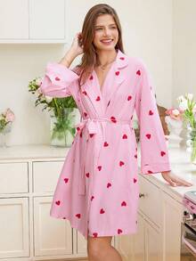 SHEIN Snug Reverie 女士睡袍，粉色条纹，撞色红心印花，衣领，腰部系带和蝴蝶结装饰，秋季 - 彩色 - 查看 2