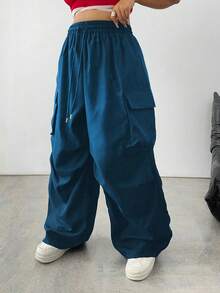 SHEIN Tall Quần túi hộp rộng rãi màu trơn cỡ lớn - Màu xanh hải quân - Xem 4