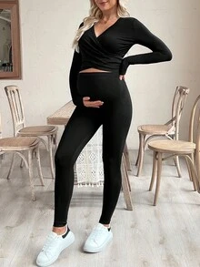 SHEIN 2 pièces Ensemble de sport de maternité, Top à manches longues col V avec croisement et nœud, imprimé papillon et pantalon slim de soutien pour le ventre - Noir - Voir 5