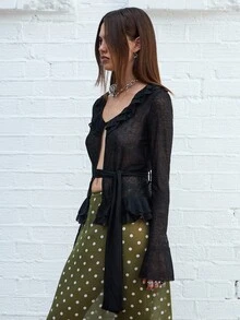 COUREZ Top de punto transparente con volantes / Top lindo de estilo Y2K para salir, top elegante de primavera para festivales - Negro - Ver 5