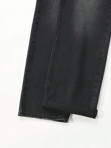 SHEIN Sparklyn 复古学院风街头时尚宽松松紧腰猫须五口袋阔腿牛仔裤，适合少女穿着，百搭时尚，全年必备牛仔单品 - 黑色 - 查看 3