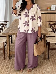 Breezaya 大码女式休闲宽松上衣和阔腿裤两件套 - 彩色 - 查看 4