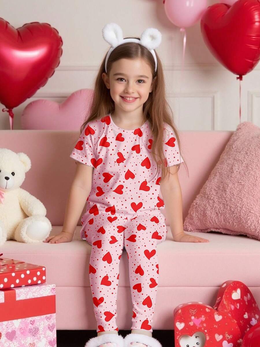 Heart Print, Pink & Red, Young Girl Casual Cartoon Pattern Short Sleeve T-Shirt And Legging 2 Pieces Loungewear Set - Multicolor - View 1