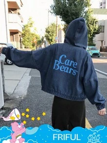 SHEIN X Care Bears FRIFUL Women's Casual Fashion Street Style Heart & Letter Graphic Drop Shoulder Zipper Pockets Splice Hooded Denim Jacket, Spring/Autumn - Blue - View 2