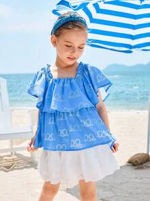 Joliand Joliand 1 pieza Blusa holgada de niña joven con patrón azul anudado de estilo urbano elegante, adecuada para uso casual, diario, salidas, hogar, playa, verano