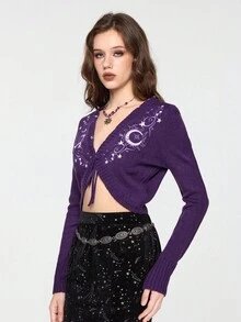 ROMWE Hippie Cárdigan de punto bordado con sol y luna, estilo vintage de bruja de noche misteriosa, con parches de piel de lujo para mujer - Morado - Ver 9