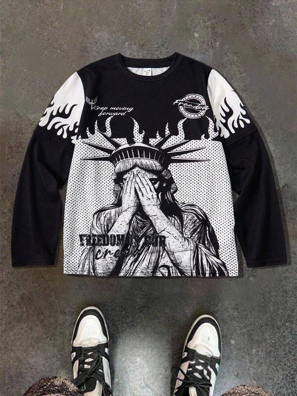 SHEIN Tween Boy Casual Everyday Comfortable Printed Pattern Loose Fit Crew Neck Knit T-Shirt Long Sleeve Graphic Tee Graphic Tees Streetwear Graphic Shirts Statue Of Liberty Shirt Suitable For Spring, Summer, Autumn And Winter Daily Wear, Sports, Outings, School, Parties, Festivals, Photoshoots