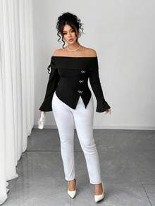 Elenzga Plus Size Women's Off Shoulder Asymmetrical Hem Casual T-Shirt, Outdoor T-Shirt