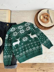 SHEIN 4pcs Young Boy Green Deer Intarsia Christmas Pattern Thick Loose Pullover Sweater, Suitable For Christmas Family Matching Outfits Mommy And Me (Sold Separately) Autumn Winter Clothes FGirlmen - Green - View 2