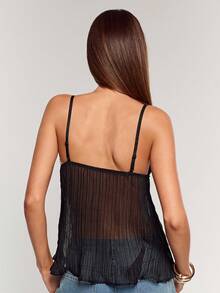 SHEIN BAE Women's Fashionable Sexy Sequin Contrast Mesh Camisole  ,Autumn Women's Clothing, Winter Women's Clothing, Christmas, Halloween, Thanksgiving,Bling Top, Sequin Top,Elegant,Black Tops ,Disco,Valentine's Day,Valentine Outfits For Women - Black - View 2