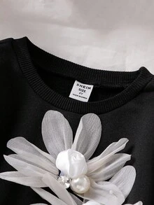 秋季少女休闲贴花圆领宽松运动衫 - 黑色 - 查看 5