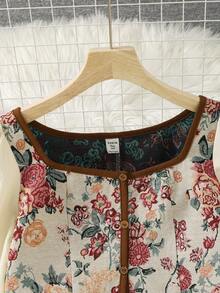 SHEIN 少女法式优雅提花拼接泡泡袖衬衫和 A 字中长裙套装 - 杏色 - 查看 3