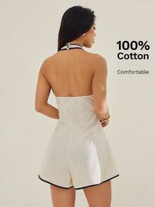 SHEIN PETITE Damski kombinezon w jednolitym kolorze z kontrastowym wykończeniem, głębokim dekoltem w serek, rozszerzanymi nogawkami, biała sukienka letnia, elegancka biała sukienka, biała sukienka halter, sukienka tenisowa, sukienka brunchowa, biała sukienka klubowa, sukienka damska, bawełniana sukienka, sukienka swobodna