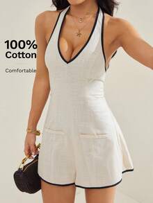 SHEIN PETITE Damski kombinezon w jednolitym kolorze z kontrastowym wykończeniem, głębokim dekoltem w serek, rozszerzanymi nogawkami, biała sukienka letnia, elegancka biała sukienka, biała sukienka halter, sukienka tenisowa, sukienka brunchowa, biała sukienka klubowa, sukienka damska, bawełniana sukienka, sukienka swobodna