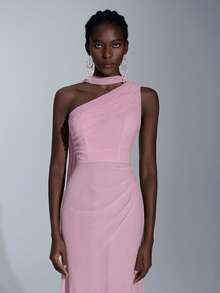 Elitara 优雅单肩雪纺垂坠（多种穿法），垂坠饰有褶饰腰部，适合婚礼、伴娘礼服 - 淺粉色 - 查看 4