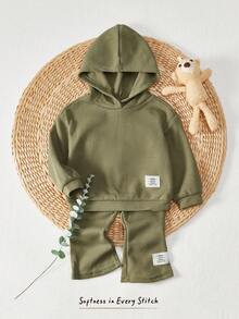 Cozy Pixies 2pcs/Set Unisex Baby Girl Solid Dropped Shoulder Hooded Sweatshirt And Flare Leg Pants Outfit - Army Green - View 3