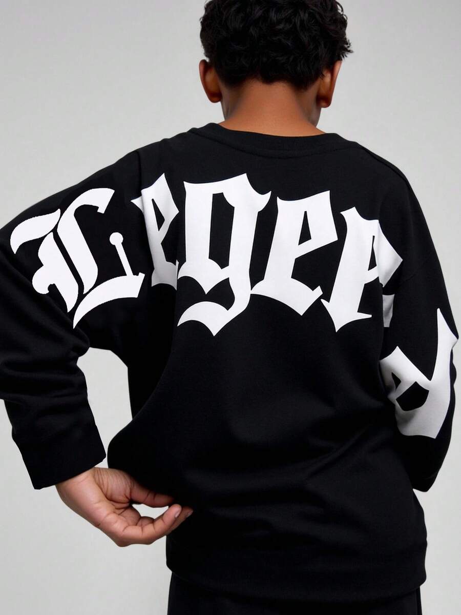 男童休闲舒适黑色字母印花T恤，适合万圣节装扮、长袖上衣、秋季/秋季、学校、花园、生日、秋冬季节穿着。 - 黑色 - 查看 1