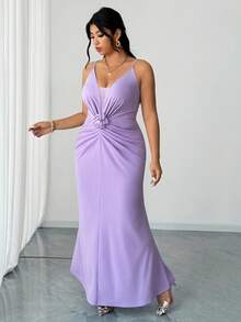 Elenzga Plus Size Women's Elegant Romantic Party Sleeveless Cinched Waist 3D Floral Decor V-Neck Maxi Dress - Purple - View 5