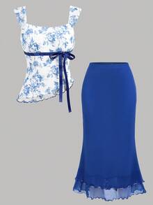 SHEIN Girlism 少女花卉印花针织网眼上衣和纯色迷你裙两件套，休闲 - 藍白色 - 查看 10