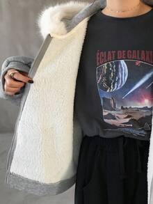 FRIFUL Women's Hooded Sweatshirt With Fur Collar, Loose Fit Casual Thickened Fleece Sweatshirt Jacket,Winter - Grey - View 4