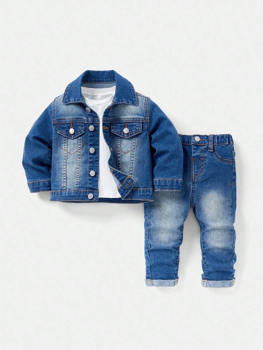 SHEIN 幼儿/男婴 2 件套休闲卡其色牛仔翻领长袖夹克和翻边高弹力紧身牛仔裤套装，休闲百搭，适合婴儿街头服饰 - 中等水洗藍 - 查看 1