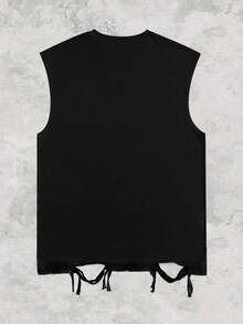 ROMWE MEN Street Life 朋克街头风格图案印花无袖圆领背心，带水钻做旧设计，男士夏季 - 黑色 - 查看 2