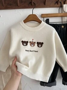 SHEIN 男童加厚羊毛套头衫，可爱动物刺绣图案，百搭高弹，适合居家户外，秋冬 - 杏色 - 查看 2