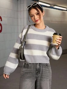Sparklyn 少女时尚休闲百搭黑白条纹毛衣，少女毛衣，少女上衣，少女长袖毛衣，秋冬季 - 灰色 - 查看 4