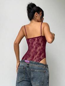 Aloruh 女士纯色蕾丝拼布蝴蝶结装饰吊带背心紧身衣 - 酒紅色 - 查看 2