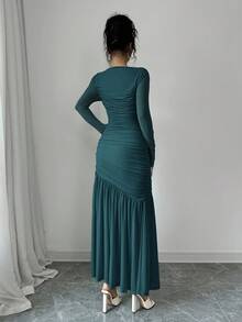 Firerie 女士网眼长袖圆领连衣裙，适合秋季，返校装，教师装 - 水鴨藍 - 查看 2