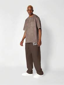 Pantalones de chándal de tiro caído y pierna ancha SUMWON, de felpa cálida de invierno, pantalones de estar por casa casuales con cordón y estampado de números lisos - Marrón Chocolate - Ver 3