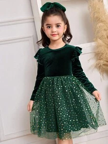 Vestido de fiesta, vestido de Navidad, estilo de palacio lujoso para niña joven con parches de terciopelo, malla brillante con estrellas - Verde - Ver 6