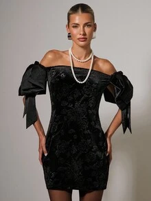 COSMINA Vestido mini ajustado con hombros descubiertos y estampado jacquard elegante para mujer - Negro - Ver 3