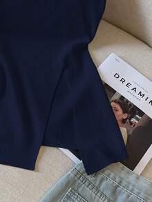 GlowEve Solid Color Asymmetric Neckline Slit Elegant Fashion Camisole - Navy Blue - View 4