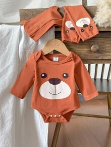 SHEIN Vintaside Kids 3 件套新生男婴棕色印花泰迪熊长袖连体衣，配有同款帽子和袜子，可爱舒适的服装 - 棕色 - 查看 3