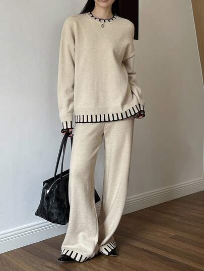 DAZY 女式休闲撞色圆领毛衣和裤子两件套，秋季