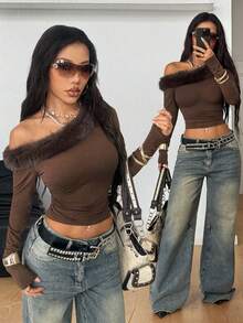 Coolane 女孩秋冬日常必备针织弹力舒适不对称领口长袖上衣 - 棕色 - 查看 3