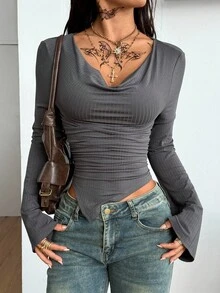 Coolane 女士秋冬外出休闲必备弹力舒适露肩针织T恤 - 灰色 - 查看 5