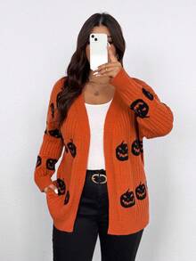 SHEIN PETITE CURVE Halloween Plus Size Cardigans Winter Fall Autumn - Multicolor - View 8